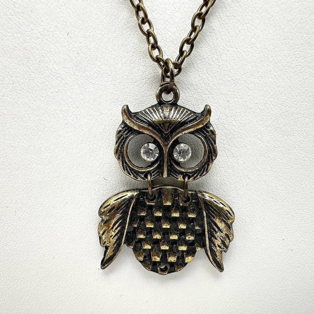 Vintage 90s Bronze Owl Pendant Necklace Crystal Eyes Boho Whimsical Jewelry Y2K